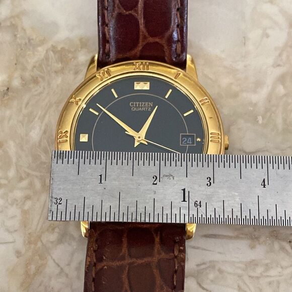 CITIZEN Quartz Watch Gold Tone Case Black Dial Original Croc Embossed Strap - Picture 12 of 12